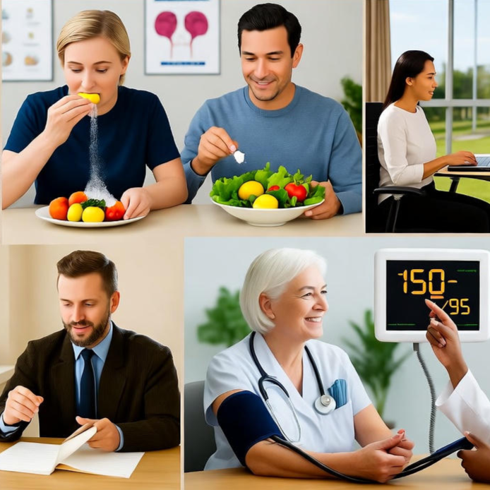 Infographic illustrating key hypertension risk factors: Age, Genetics, High-Salt Diet, Lack of Exercise, and Kidney Disease.