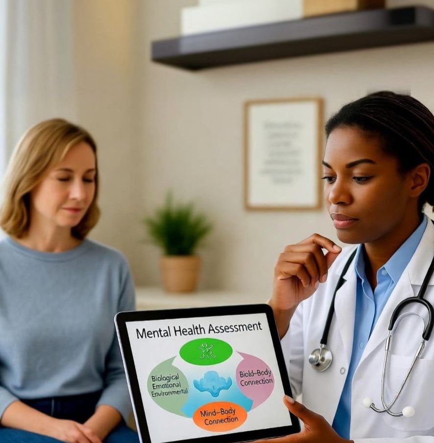 Mental health specialist consulting with a patient to discuss causes and risk factors of emotional and psychological conditions at WellGen Health