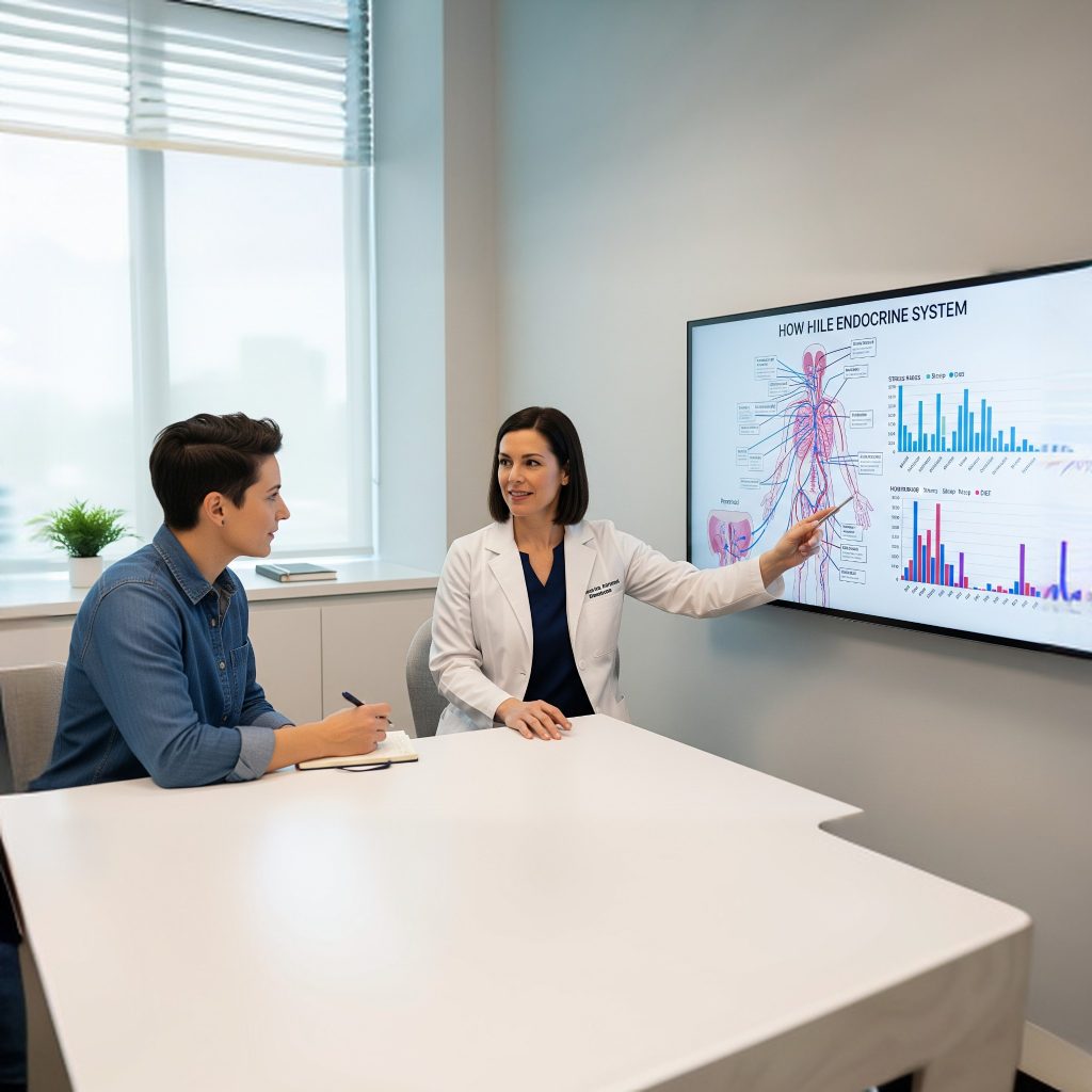 A complex, abstract graphic showing various arrows pointing toward a central point labeled 'Hormone Disruption,' with source labels like 'Stress,' 'Diet,' 'Aging,' and 'Toxins,' symbolizing the many causes of imbalance.