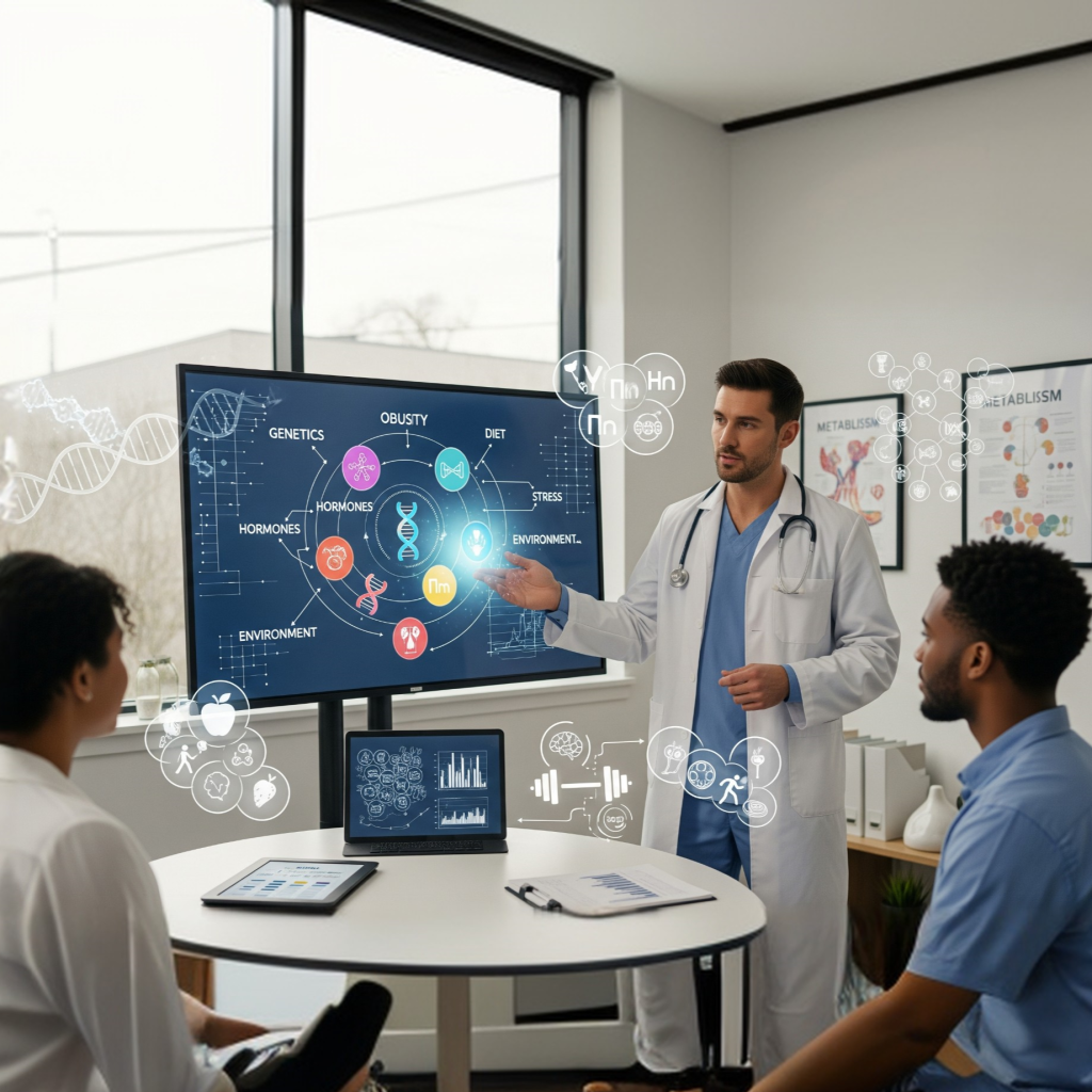 A complex infographic highlighting interconnected factors leading to obesity, including icons for Genetics, Stress (Cortisol), Poor Diet, Lack of Exercise, and Medications.