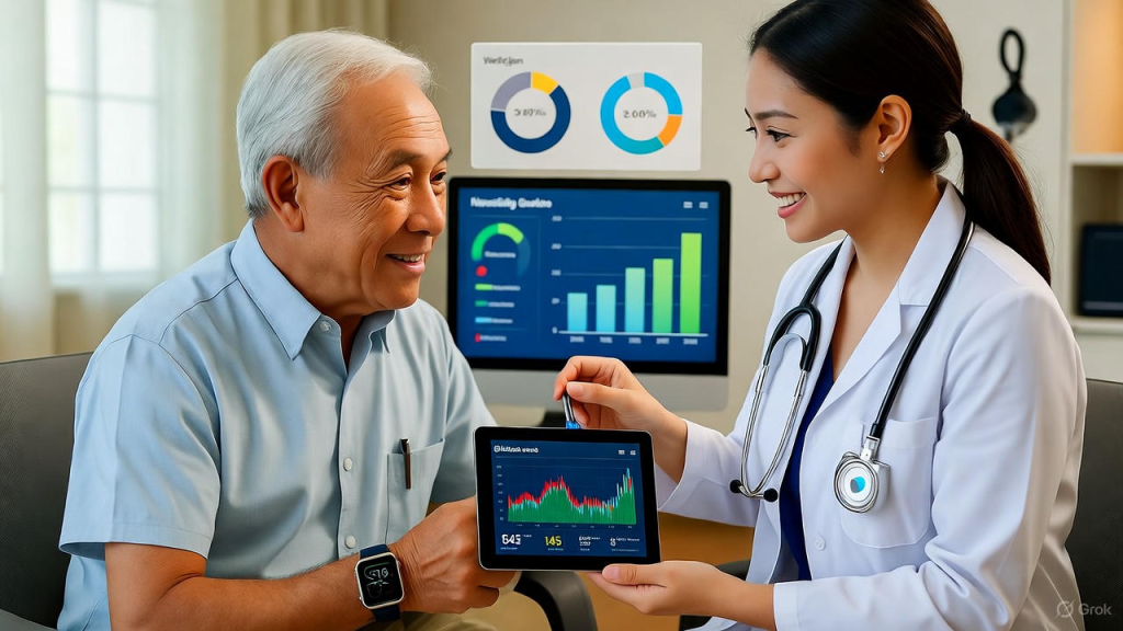 Care coordinator assisting an elderly patient with chronic disease management plan at WellGen Health