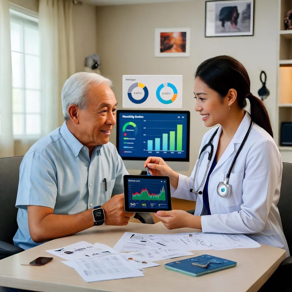 Care coordinator assisting an elderly patient with chronic disease management plan at WellGen Health