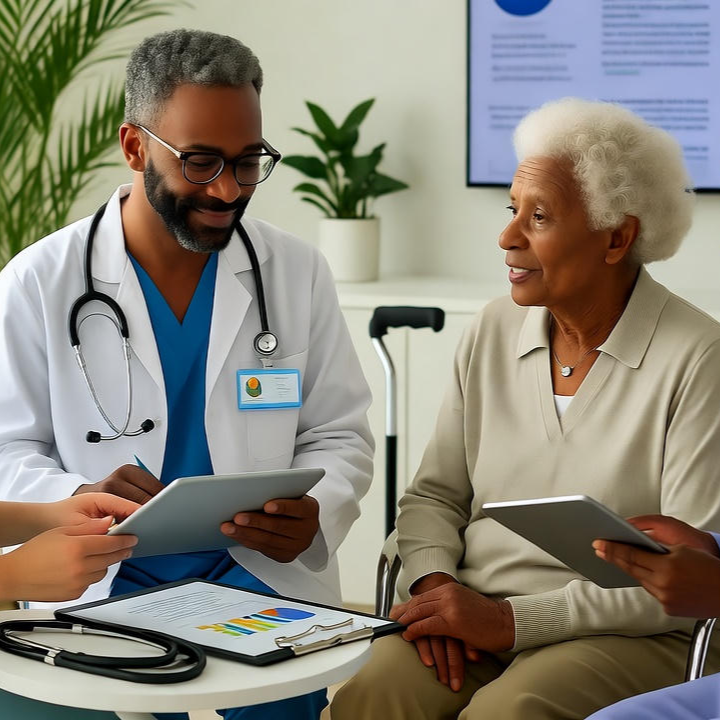 Elderly couple receiving multidisciplinary geriatric care from medical and rehabilitation specialists at WellGen Health