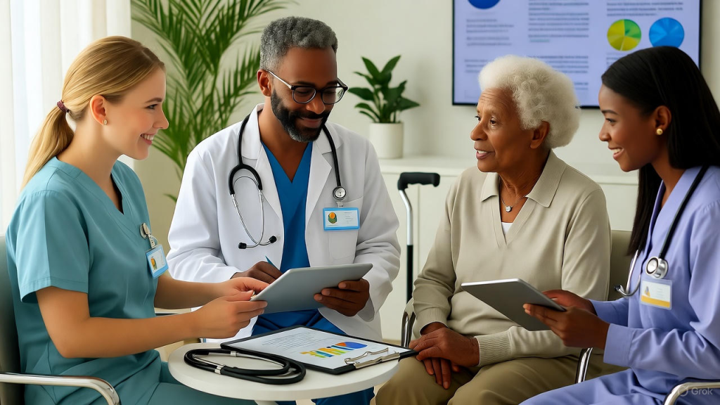 Elderly couple receiving multidisciplinary geriatric care from medical and rehabilitation specialists at WellGen Health