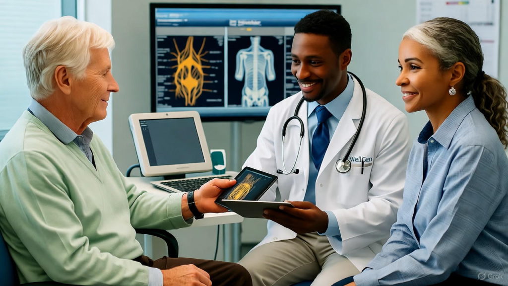 Doctor reviewing MRI scans with patient to diagnose chronic pain at WellGen Health clinic