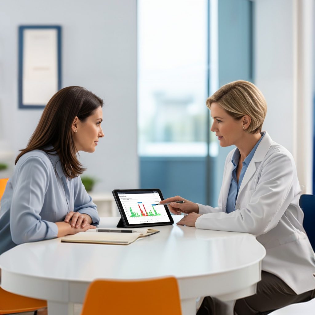 A medical illustration showing a clinician comparing the results from a blood hormone test and a salivary cortisol test, symbolizing the comprehensive and multi-faceted approach to diagnosing hormonal imbalance.