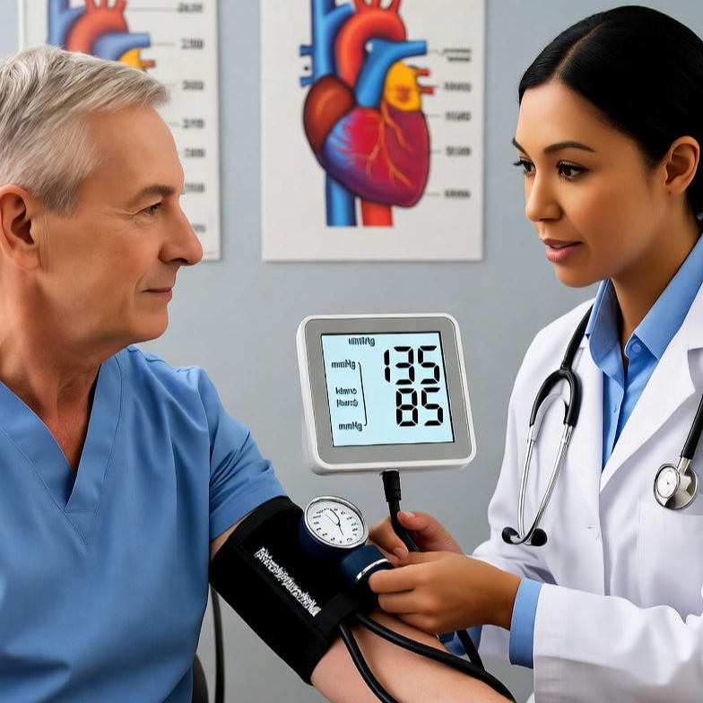 Diagram illustrating a blood pressure reading with the systolic pressure (top number) and diastolic pressure (bottom number) clearly labeled.
