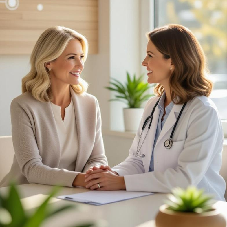 Specialist providing personalized consultation for menopause hormone therapy and symptoms like perimenopause weight gain solutions.