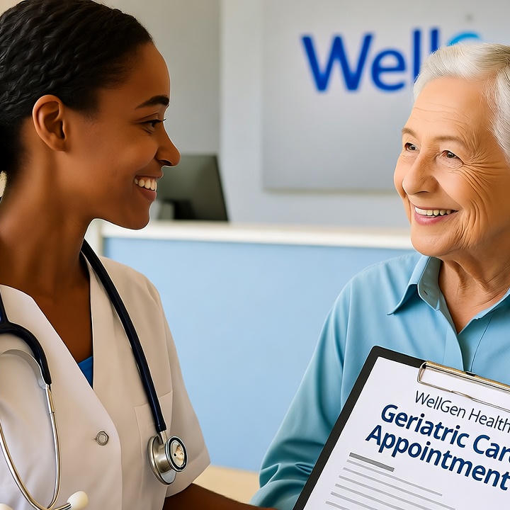 Senior patient consulting with a geriatric specialist during a comprehensive wellness appointment at WellGen Health
