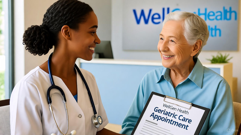 Senior patient consulting with a geriatric specialist during a comprehensive wellness appointment at WellGen Health