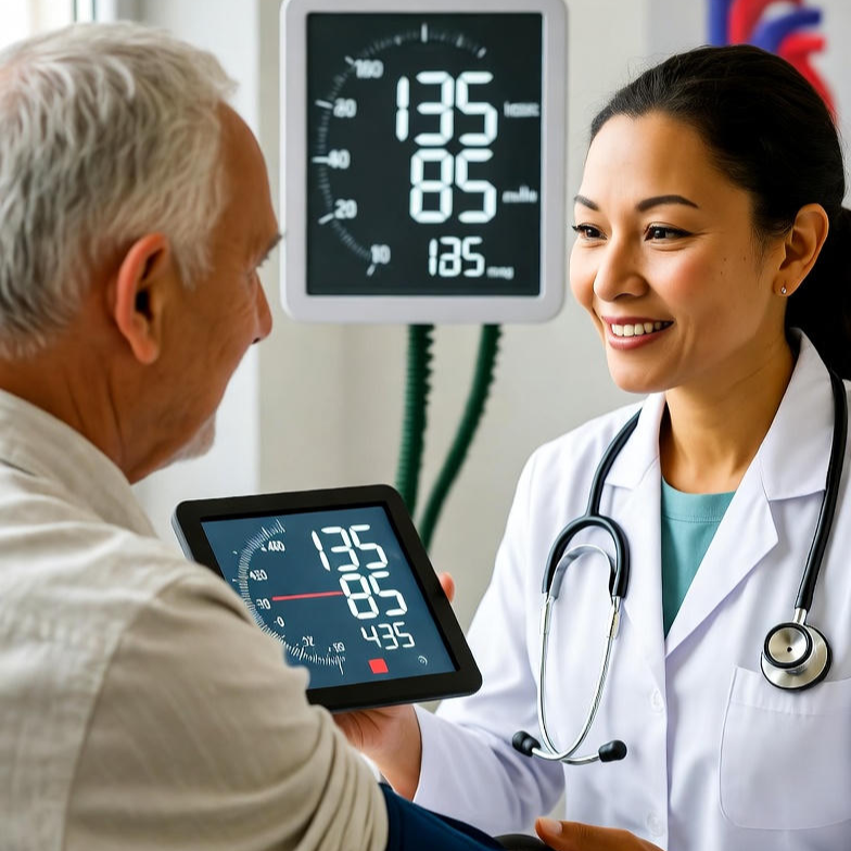 Healthcare specialist consulting with a patient about their blood pressure monitor readings in a modern clinic.