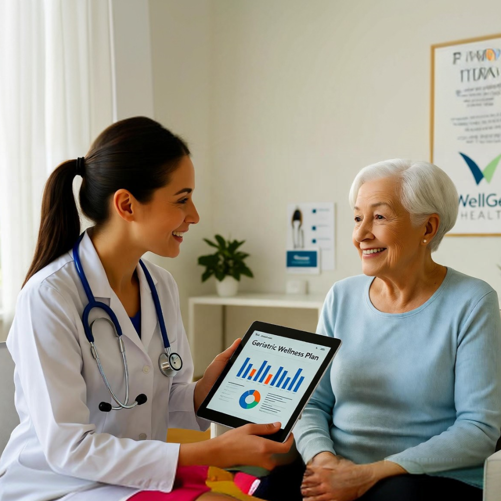 Senior woman receiving personalized geriatric consultation from healthcare provider at WellGen Health