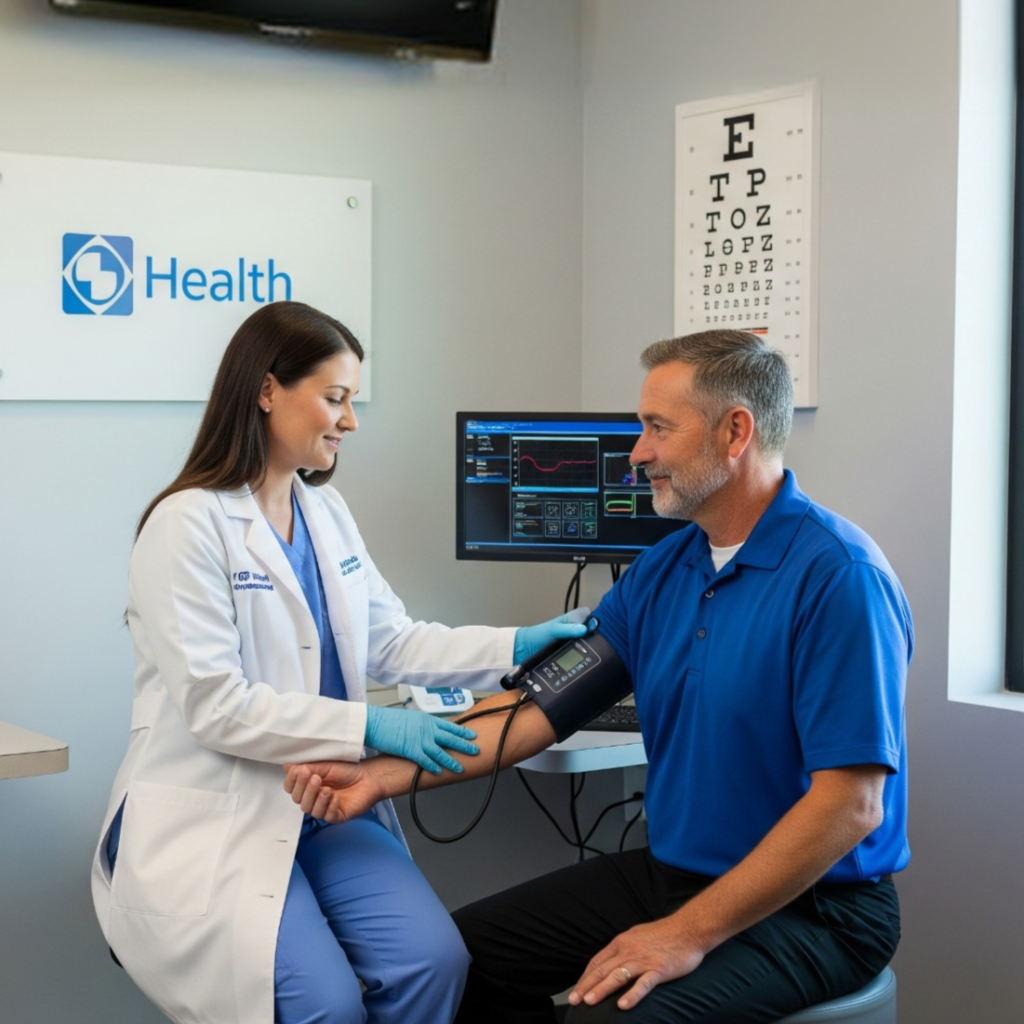 A commercial truck driver showing his valid DOT Medical Examiner's Certificate (MEC) to a certified clinician, signifying successful completion of the DOT physical and FMCSA compliance.