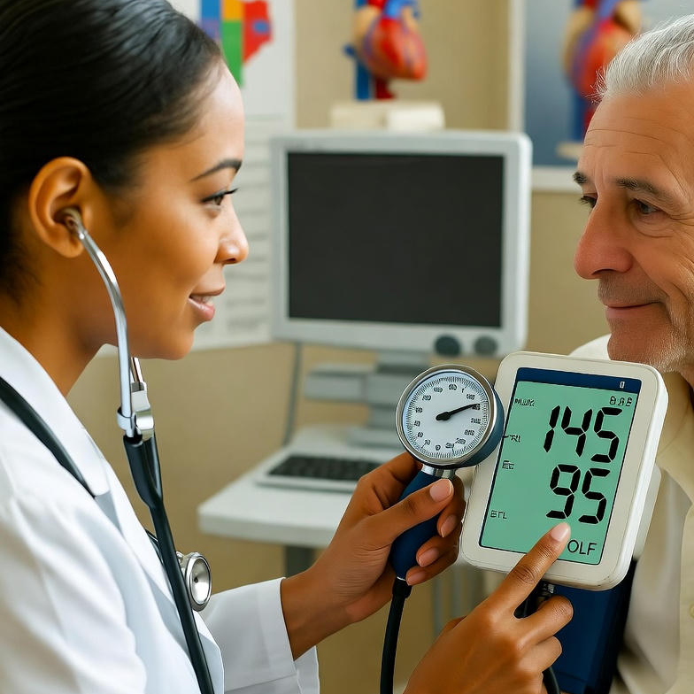 Diagram showing the high force of blood flow in an artery to represent hypertension, a major risk factor for heart disease, stroke, and kidney failure.