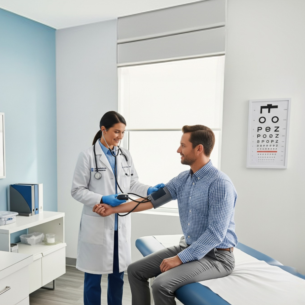 A professional medical examiner performing a blood pressure check on a commercial truck driver during a DOT physical exam, emphasizing safety and compliance.