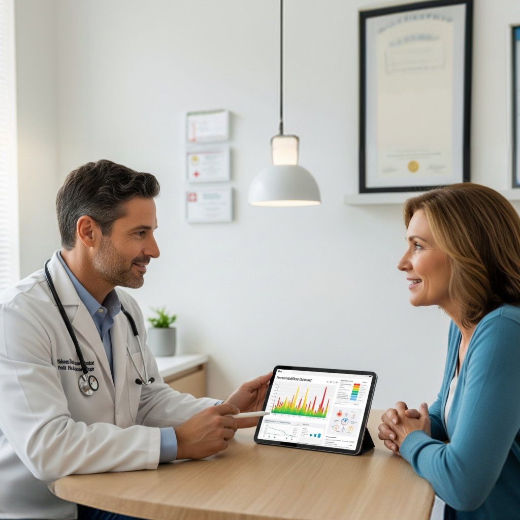 A side-by-side visual graphic showing unbalanced hormones on one side and a perfectly balanced scale of estrogen, progesterone, and testosterone on the other, symbolizing successful HRT.