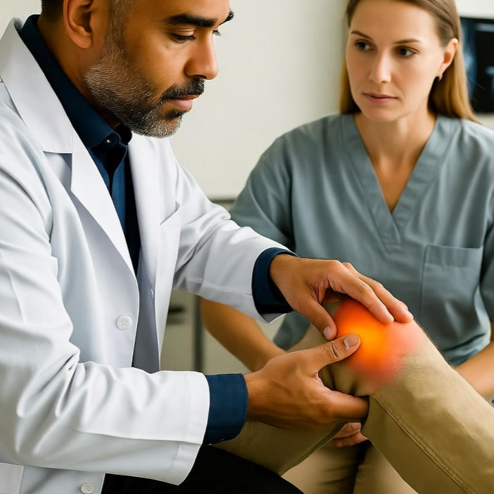 A composite image showing a doctor performing a physical joint exam, a stylized X-ray image of a hand, and a test tube representing a blood sample.