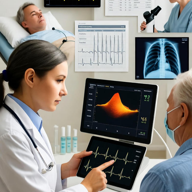 Medical image showing a heart and lungs with an overlay of diagnostic tools like EKG, stress test, and PFT equipment, representing a comprehensive cardio-pulmonary health evaluation.
