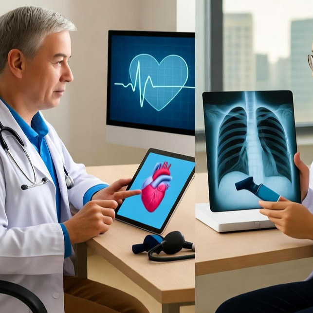 Infographic listing risk factors for cardiovascular health (high blood pressure, high cholesterol, diabetes, poor diet, lack of exercise, smoking, excessive alcohol, genetics) and pulmonary health (pollutants, allergens, smoking, asthma, COPD, lung infections, dust, chemicals).