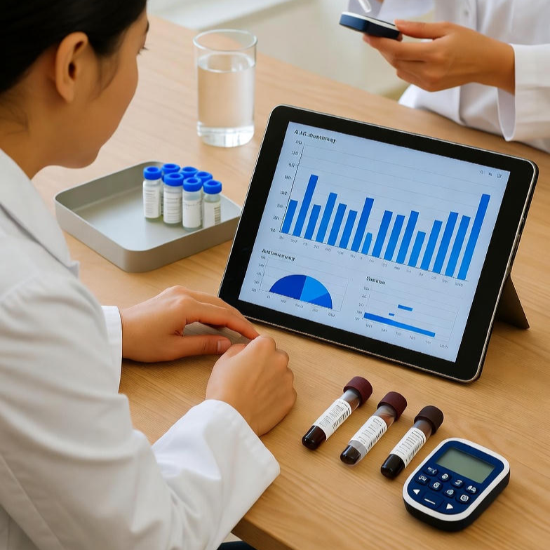 Wellgen Health specialist explaining A1C test results and blood sugar levels to a patient for accurate diabetes diagnosis.