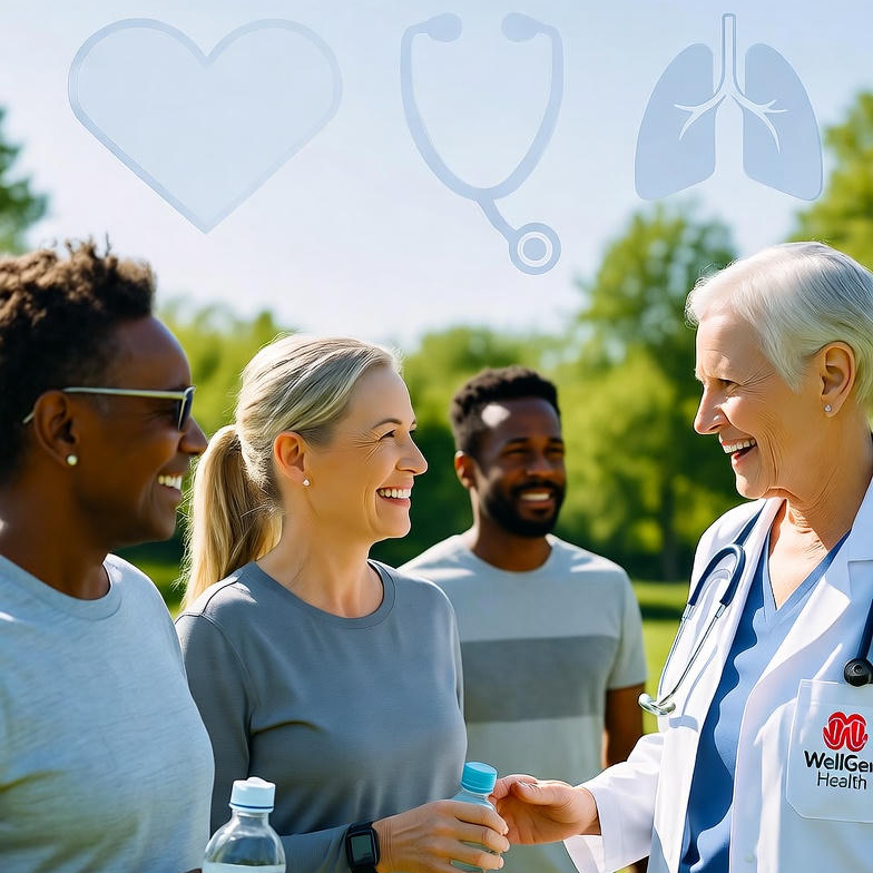 A person happily jogging outdoors with a clear blue sky background, symbolizing a healthy, active life achieved through good cardiovascular and pulmonary health.