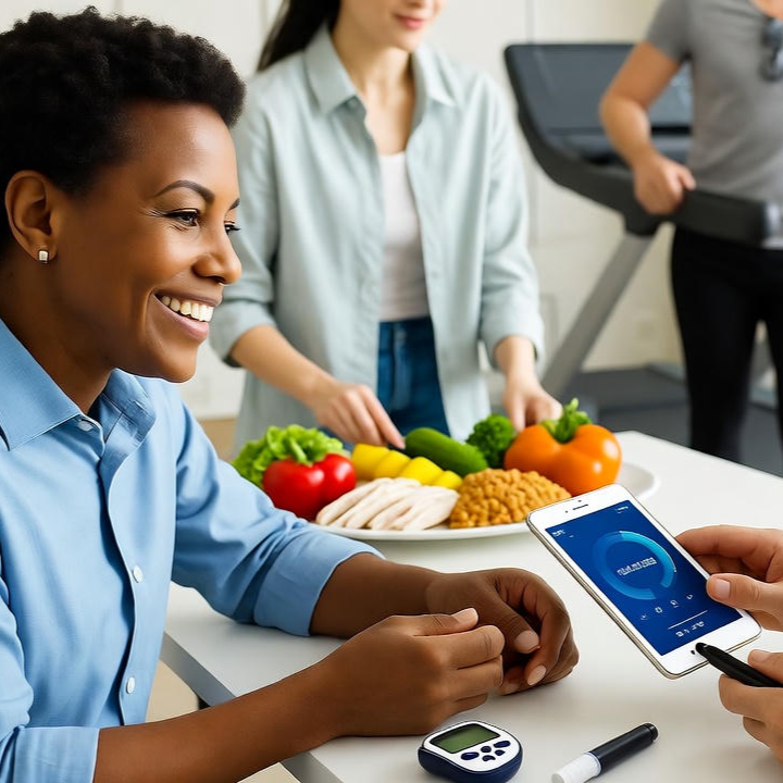 Patient monitoring blood sugar levels during a consultation with a Wellgen Health specialist for comprehensive diabetes management.