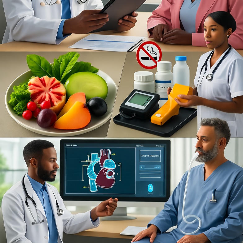 Visual representation of a personalized treatment plan, showing icons for diet, exercise, medication pills, and specialized medical procedures like heart surgery and oxygen therapy, with a focus on heart and lung health.