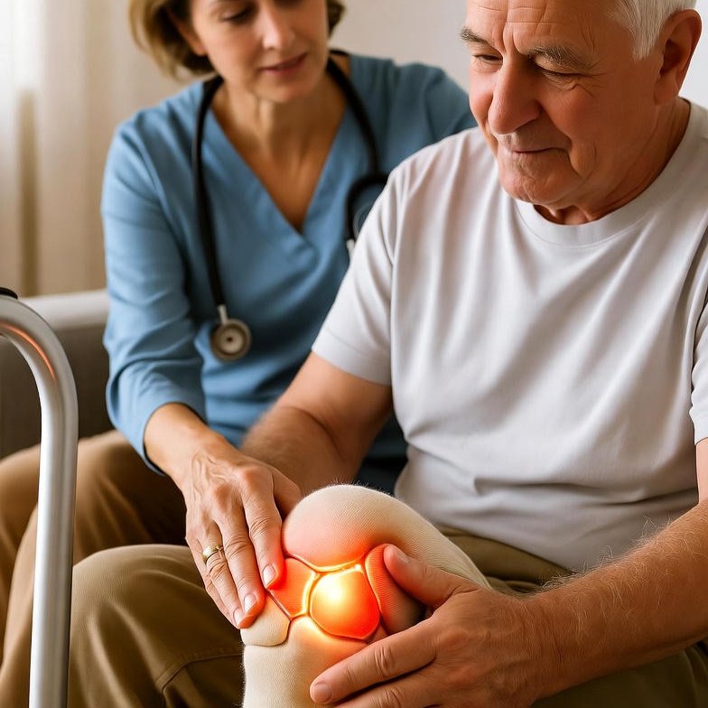 Older man holding his knee in pain, showing the difficulty arthritis causes during daily activities.