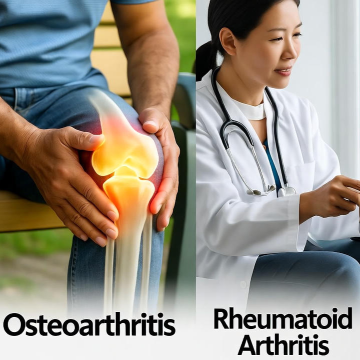 Illustration showing the difference between healthy joints, an osteoarthritic joint with worn cartilage, and a rheumatoid arthritic joint with inflammation and damage.