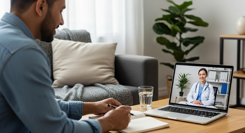 A smiling professional woman sitting comfortably on her couch at home, using a laptop for a secure video consultation with her doctor, symbolizing the convenience of telemedicine