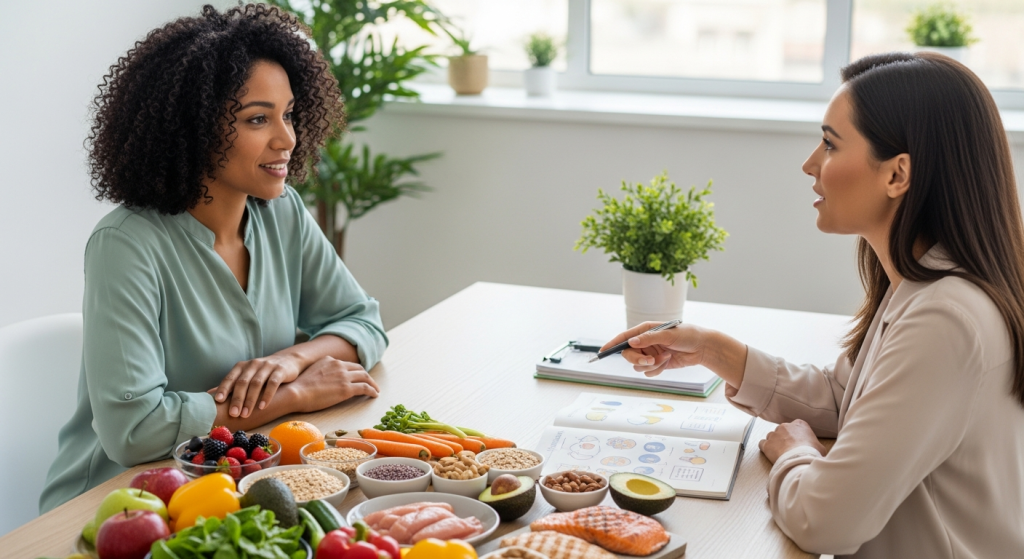 A vibrant plate of healthy food including fresh fruits, vegetables, nuts, and a piece of lean fish, symbolizing balanced, nutrient-dense nutrition.