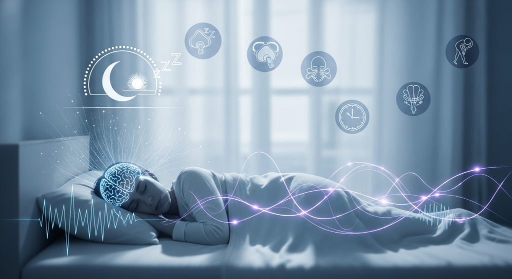 An icon showing a half-moon and stars above a sleeping figure, with a subtle cracked line through the image, symbolizing the disruption and complexity of sleep disorders