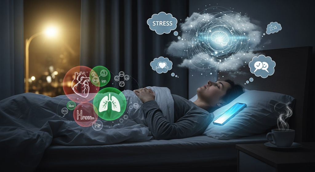 A clock face with hands spinning erratically next to an image of a person struggling to sleep, illustrating the theme of disrupted circadian rhythm and irregular sleep.