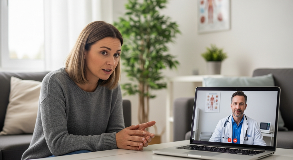 A sequence of icons showing the steps of a virtual visit: 1) Scheduling on a calendar, 2) Connecting on a laptop, 3) Consulting with a doctor on screen, and 4) Receiving a prescription.