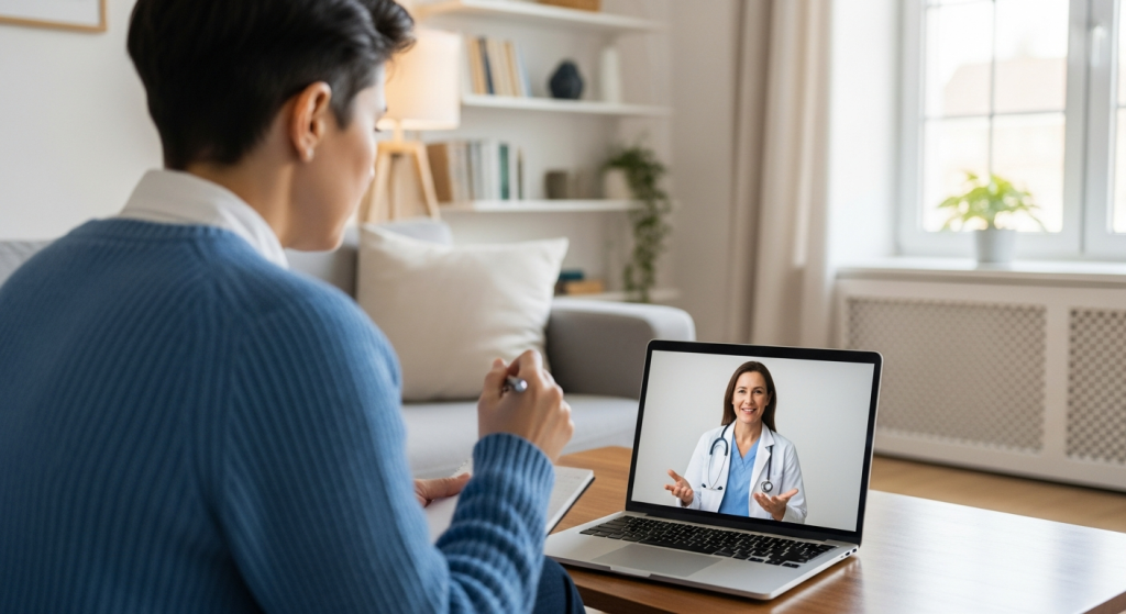 Icons representing suitable uses for telemedicine: a pill bottle (Medication), a magnifying glass (Diagnosis/Review), a brain (Mental Health), and a heart (Chronic Care Monitoring).