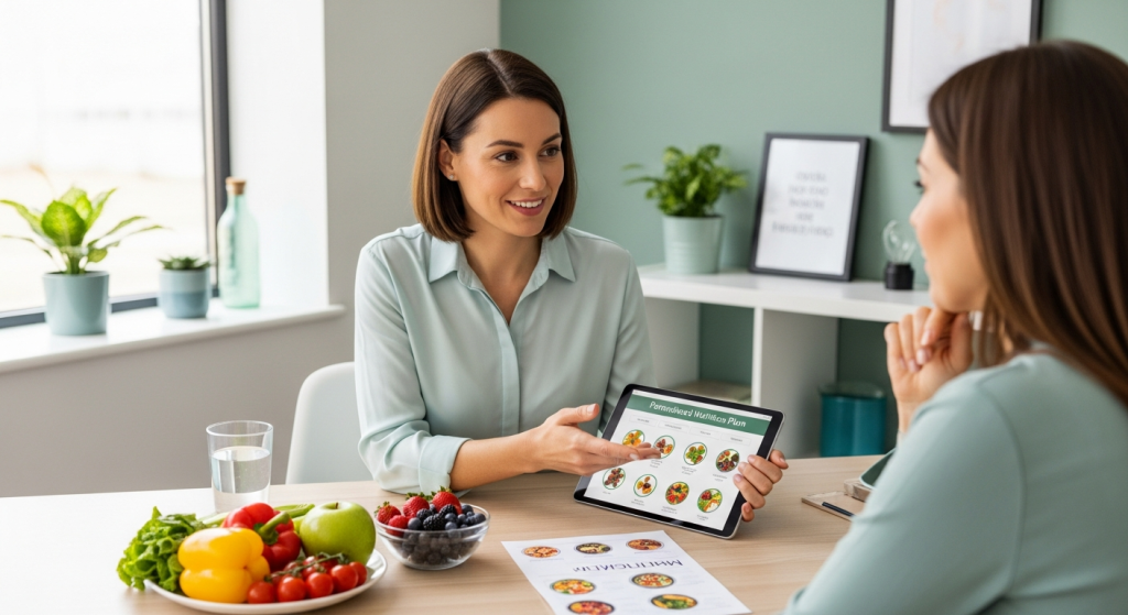 A vibrant image showing a person meditating or doing gentle yoga, with healthy food (fruits/vegetables) nearby, symbolizing the mind-body connection in holistic wellness counseling.