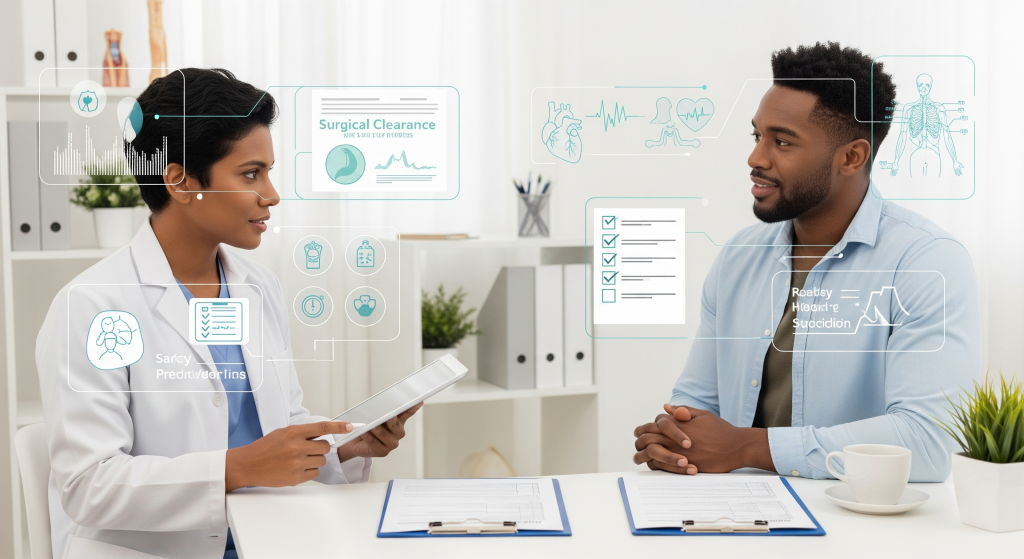 A doctor and patient reviewing a checklist of pre-surgical steps, including 'Medications Reviewed' and 'Health Optimized,' symbolizing thorough preparation and patient involvement.