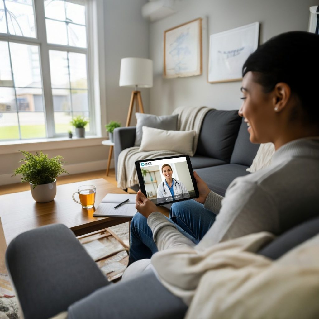 A visual graphic listing key benefits of telemedicine: 'Skip Traffic,' 'No Waiting Room,' 'Cost-Effective,' and 'Easy Follow-Up,' emphasizing convenience and efficiency.