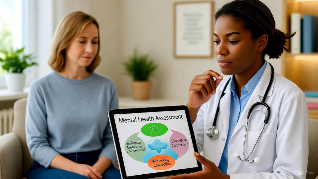 Mental health specialist consulting with a patient to discuss causes and risk factors of emotional and psychological conditions at WellGen Health