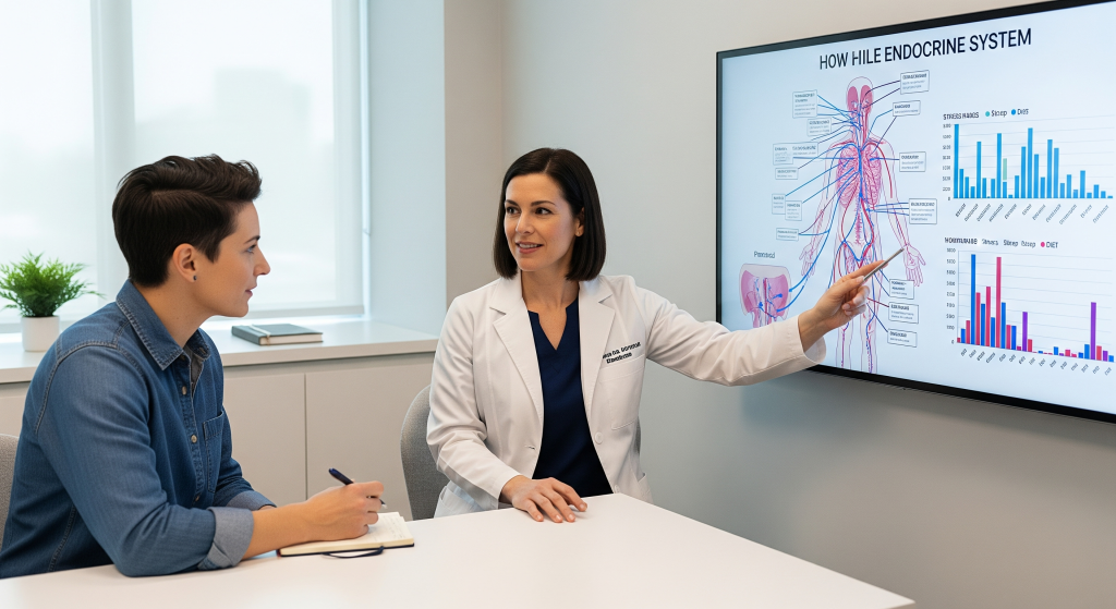 A complex, abstract graphic showing various arrows pointing toward a central point labeled 'Hormone Disruption,' with source labels like 'Stress,' 'Diet,' 'Aging,' and 'Toxins,' symbolizing the many causes of imbalance.