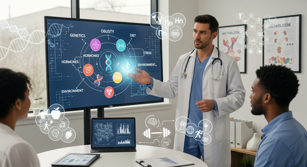 A complex infographic highlighting interconnected factors leading to obesity, including icons for Genetics, Stress (Cortisol), Poor Diet, Lack of Exercise, and Medications.