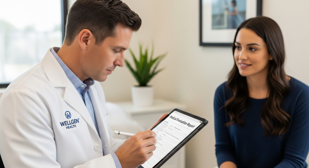 Medical professional reviewing detailed personal injury documentation with a patient at WellGen Health