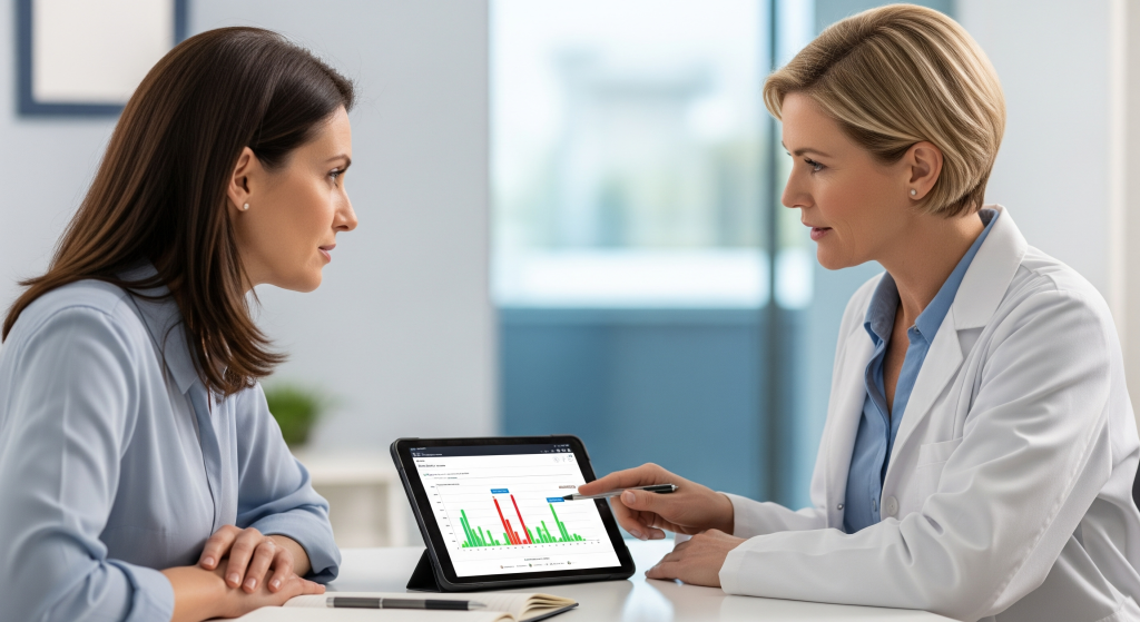 A medical illustration showing a clinician comparing the results from a blood hormone test and a salivary cortisol test, symbolizing the comprehensive and multi-faceted approach to diagnosing hormonal imbalance