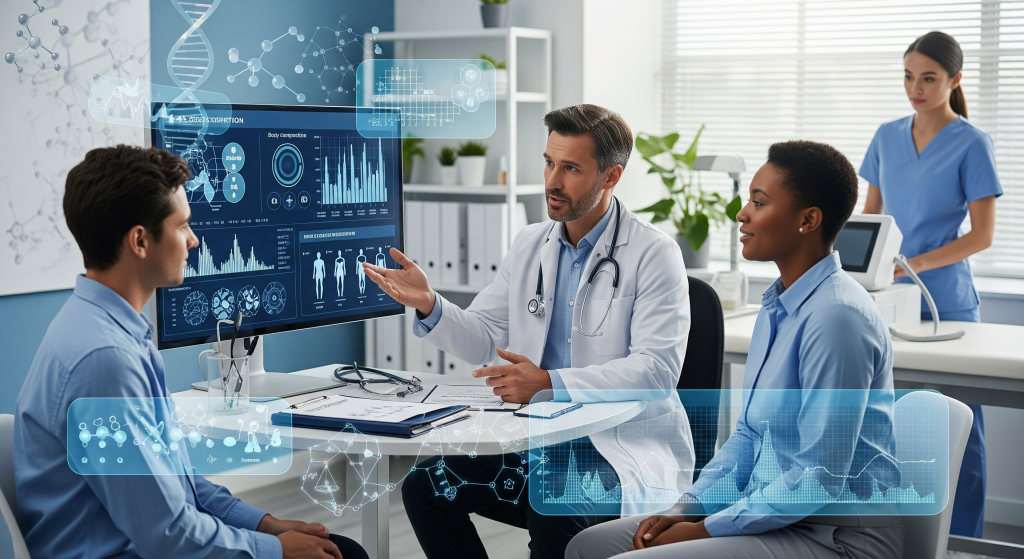 A doctor and patient reviewing a comprehensive lab report displaying results for 'Thyroid Function,' 'Insulin Levels,' and 'Body Composition,' symbolizing detailed metabolic diagnosis.