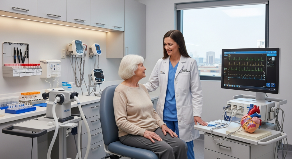 Icons representing different medical tests: a heart monitor (ECG), a lung diagram (Pulmonary), and a lab test tube (Specialized Lab Testing).