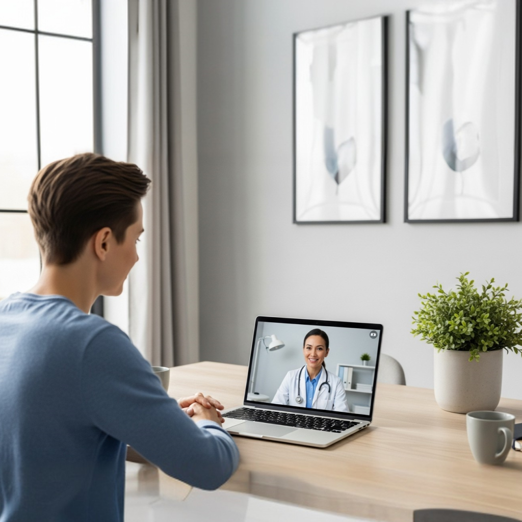 A split image showing an aerial view of traffic (representing the commute) transitioning into a virtual doctor's consultation on a tablet (representing telemedicine convenience).