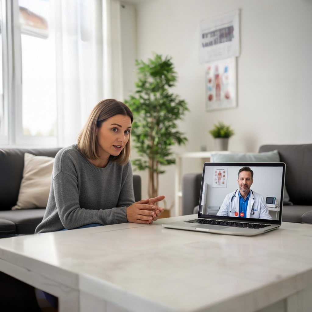 A sequence of icons showing the steps of a virtual visit: 1) Scheduling on a calendar, 2) Connecting on a laptop, 3) Consulting with a doctor on screen, and 4) Receiving a prescription.