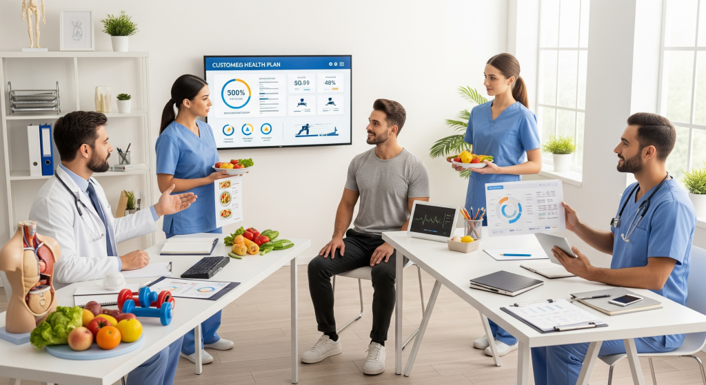 A diverse group of healthcare professionals (doctor, nutritionist, fitness coach) collaborating over a patient's personalized weight loss chart, symbolizing the multidisciplinary approach to obesity treatment.