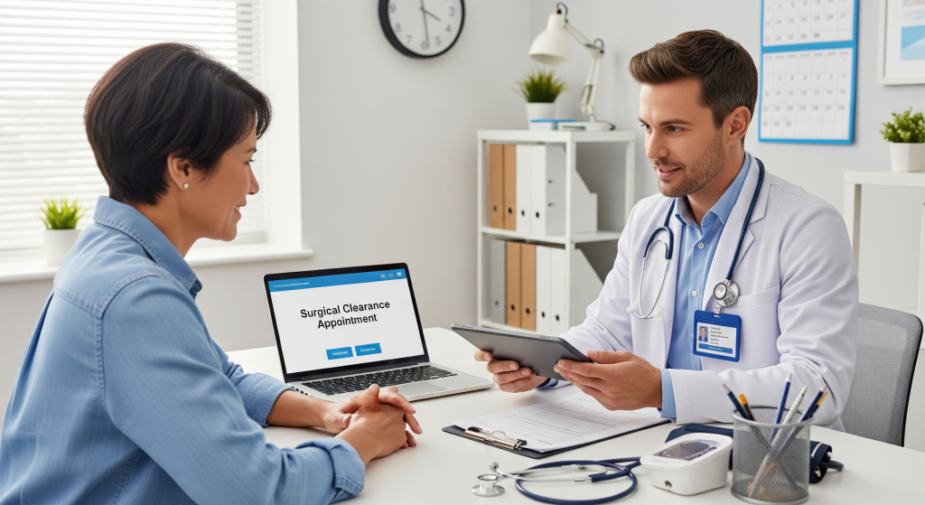 A calendar with a date circled several weeks in the future, next to a medical form with a check mark, symbolizing the timely and complete scheduling of a surgical clearance appointment.