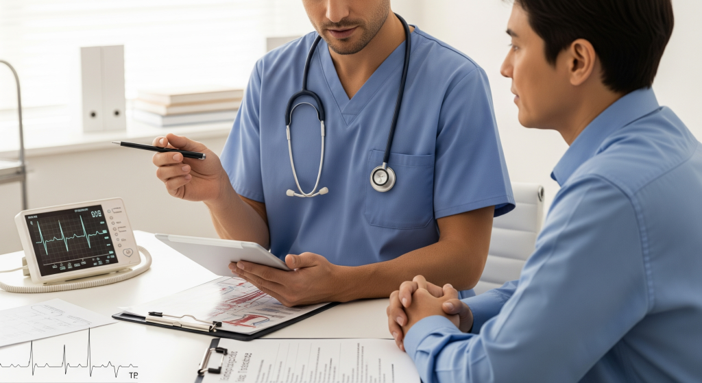 A doctor pointing to a cardiac risk assessment chart during a consultation with a patient, highlighting the importance of pre-surgical screening for heart health and safety.